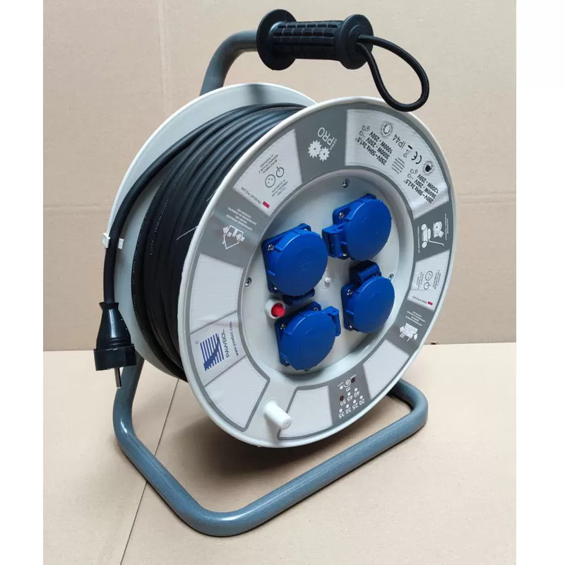 Przedłużacz zwijany 1-fazowy 50m, IP-55, 4x230V, guma 3x2.5, termik, max 4,6KW