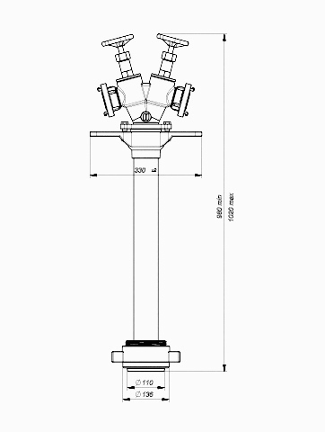Stojak hydrantowy DN100 podwójny A/CC (2x52), przyłącze DN100, rura DN80 schemat