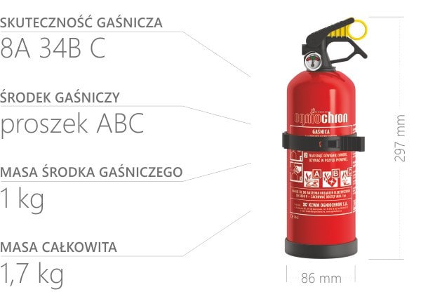 Gaśnica proszkowa 1kg z wieszakiem - GP-1x ABC/MP - cert. MED 3